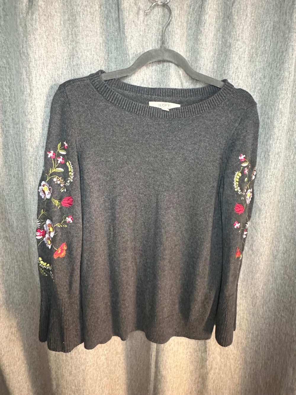 LOFT Charcoal Gray Floral Embroidered Bell Sleeve Sweater MP